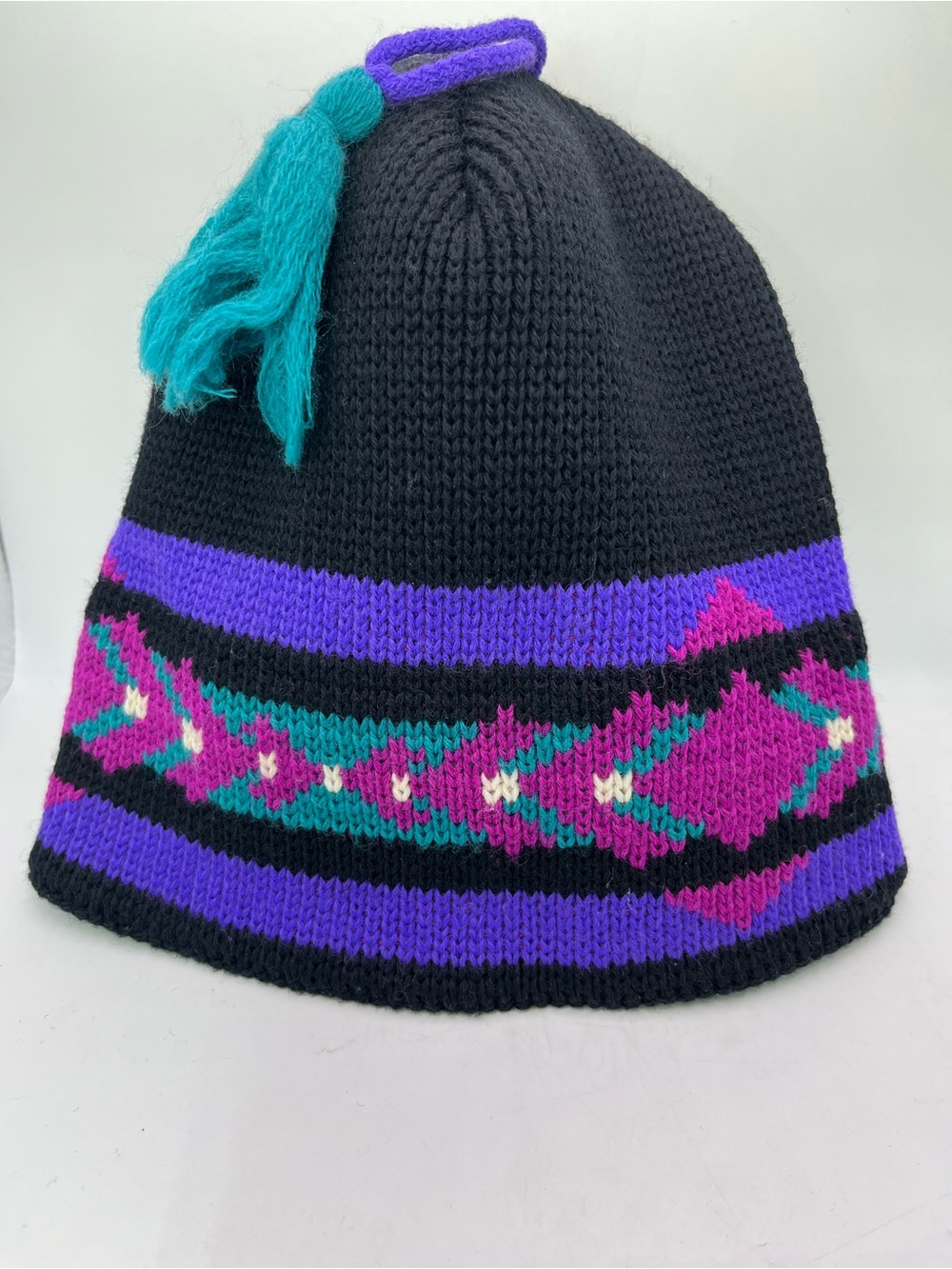 Vintage Wigwam Mills Beanie Knit Hat Ski Cap Turquoise Purple Black Wool U.S.A.
